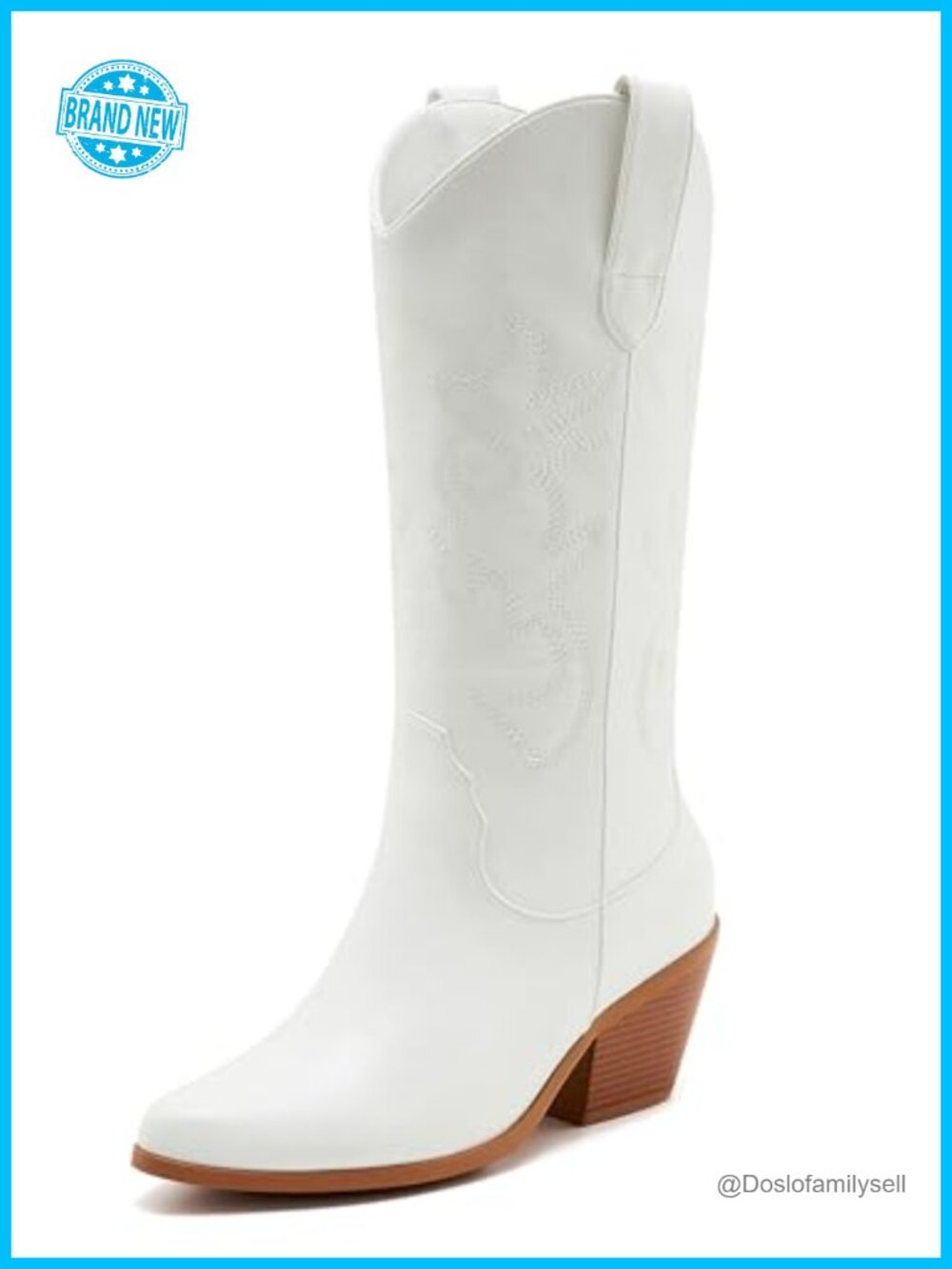 Western Cowboy Boots Mid Calf Embroidered Faux Leather Slip On Women